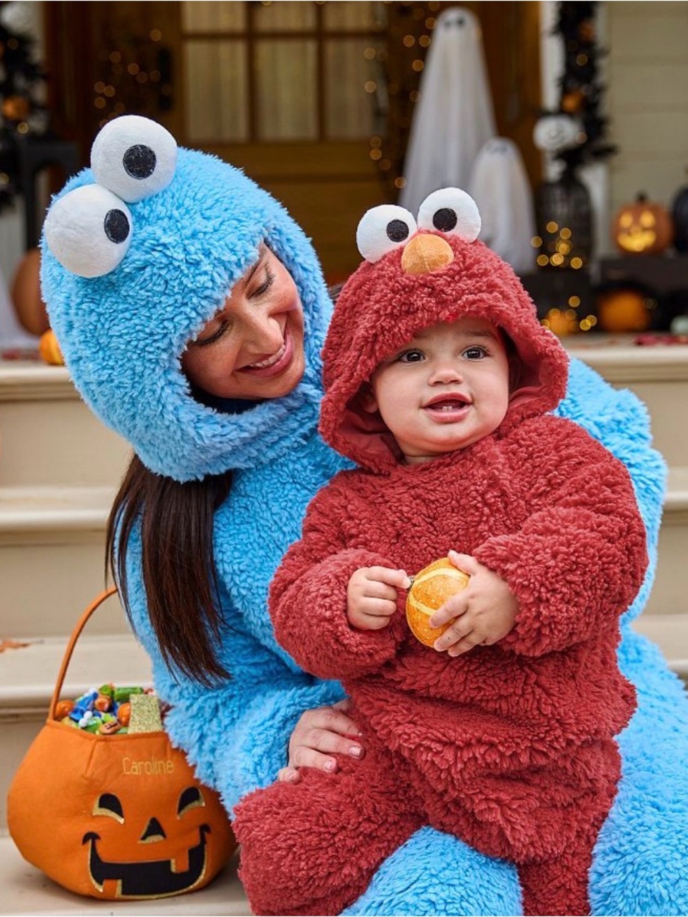 Lot of 2 MOMMY & ME Pottery Barn COOKIE MONSTER w/PBK Baby ELMO Plush COSTUMES
